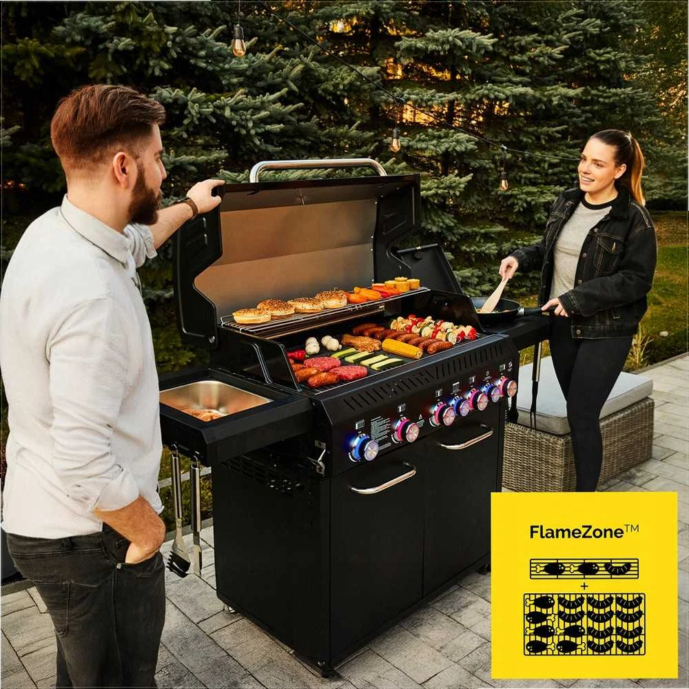 Sodo dujinis grilis su ketaus grotelėmis ir nerūdijančiu plienu, 5+2 degikliai, 24.65 kW, spintelė dujų balionui, didelis kepimo plotas, kepsninė laukui