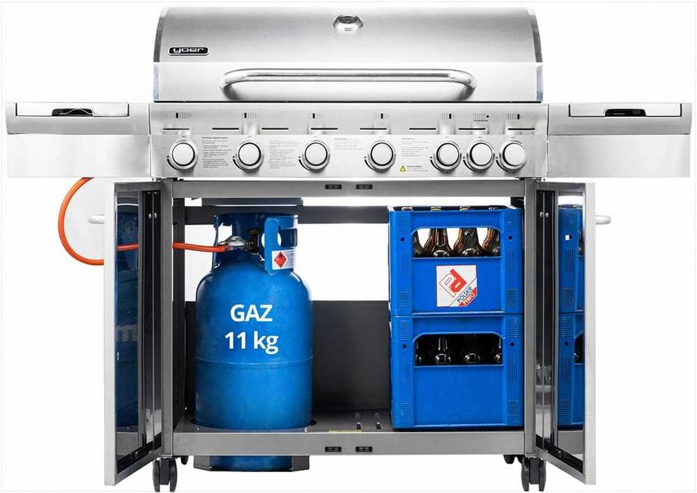 Sodo dujinis grilis su ketumi ir nerūdijančiu plienu, 6+1 degikliai, 22 kW, integruota spintelė balionui, didelis FlameZone kepimo plotas, lauko kepsninė