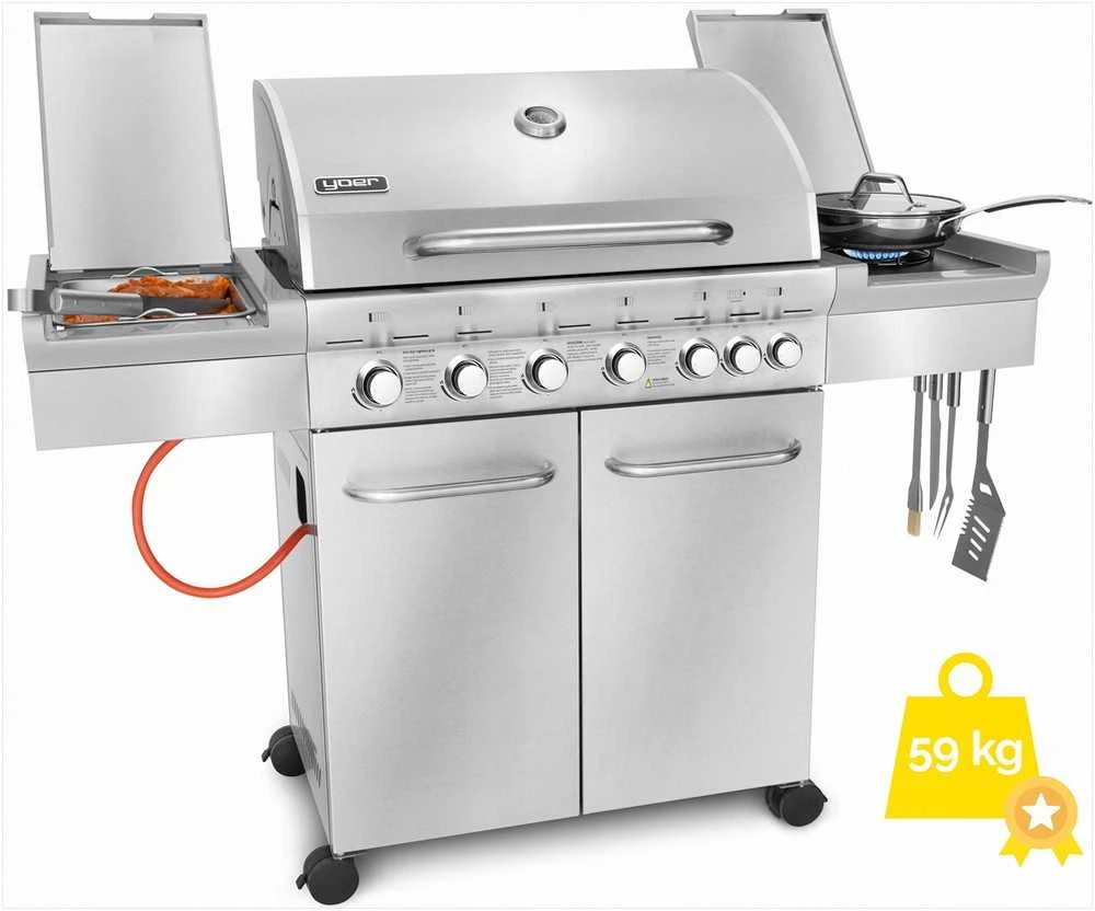 Sodo dujinis grilis su ketumi ir nerūdijančiu plienu, 6+1 degikliai, 22 kW, integruota spintelė balionui, didelis FlameZone kepimo plotas, lauko kepsninė