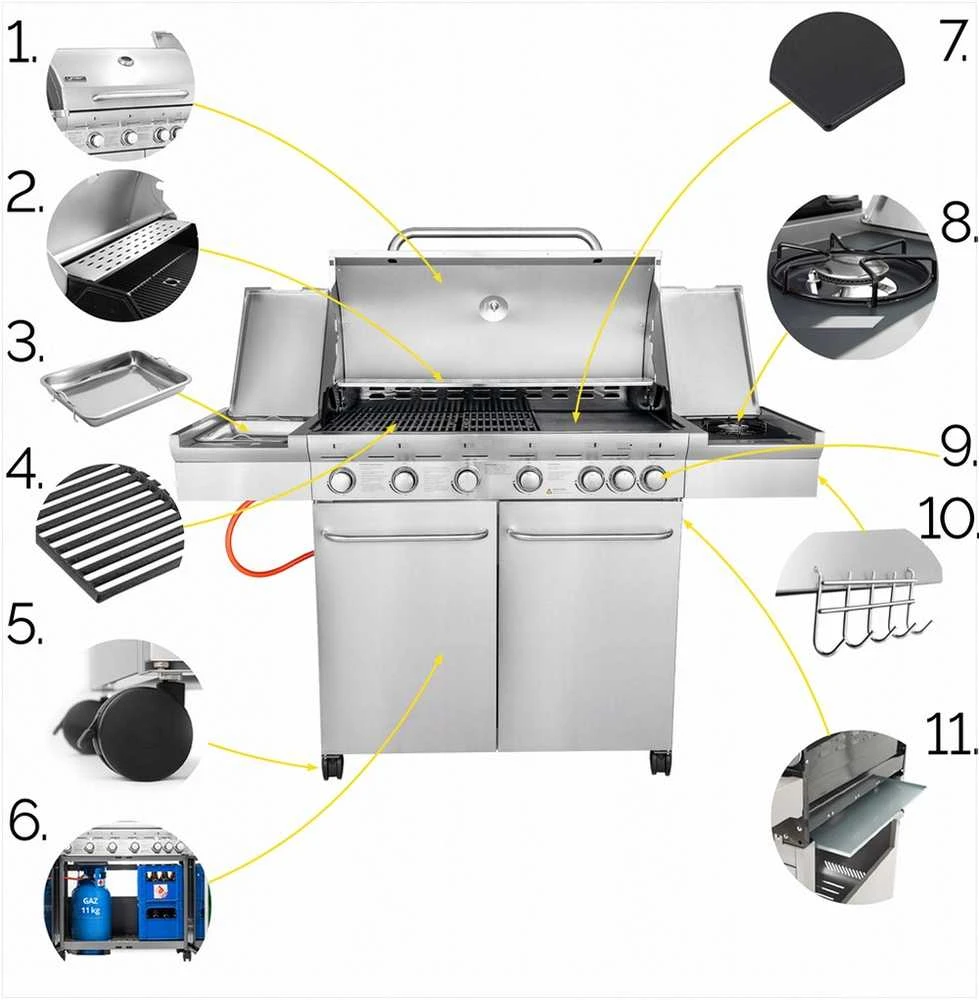 Sodo dujinis grilis su ketumi ir nerūdijančiu plienu, 6+1 degikliai, 22 kW, integruota spintelė balionui, didelis FlameZone kepimo plotas, lauko kepsninė