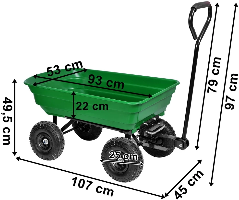 Sodo vežimėlis, savivartis, 75 l, 300 kg, žalias karutis, daržo vežimėlis, sodininko talpykla