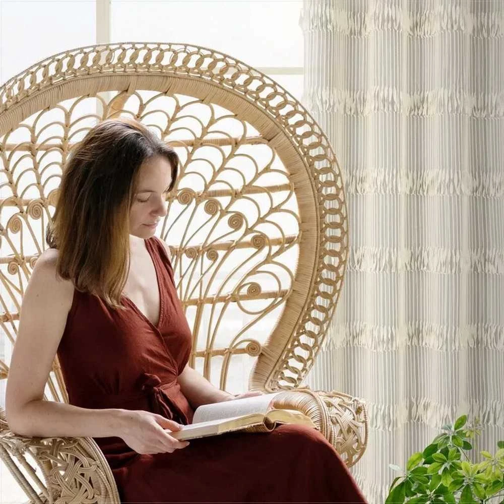 Eurofirany Sotera smėlio spalvos dryžuota užuolaida su kutais, 140x250 cm, kilpinė lango užuolaida svetainės ir miegamojo dekorui, moderni namų tekstilė