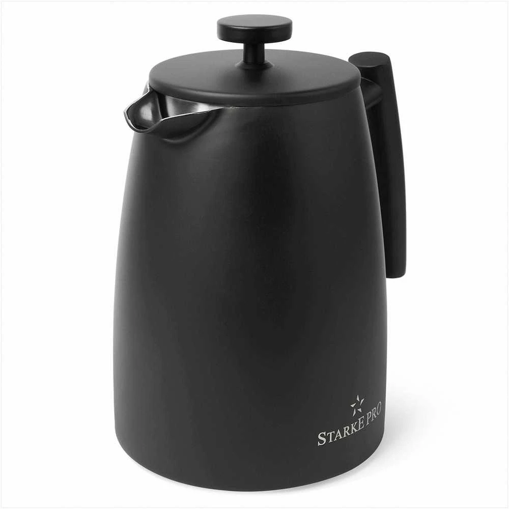 Starke Pro French press kavinukas, 1 litras nerūdijantis plienas, dvigubos sienelės, juodas matinis, 1L prancūziškas kavinukas, plieno kavos presas, arbatinukas su filtru