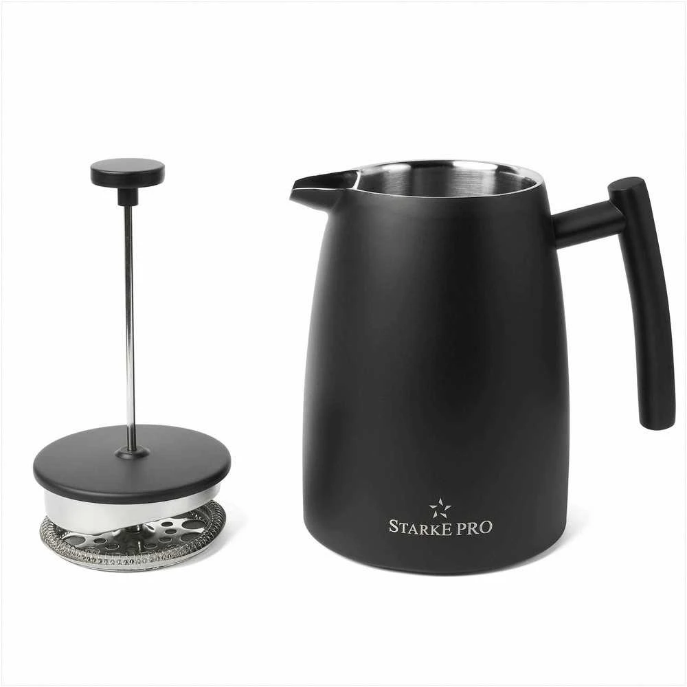 Starke Pro French press kavinukas, 1 litras nerūdijantis plienas, dvigubos sienelės, juodas matinis, 1L prancūziškas kavinukas, plieno kavos presas, arbatinukas su filtru