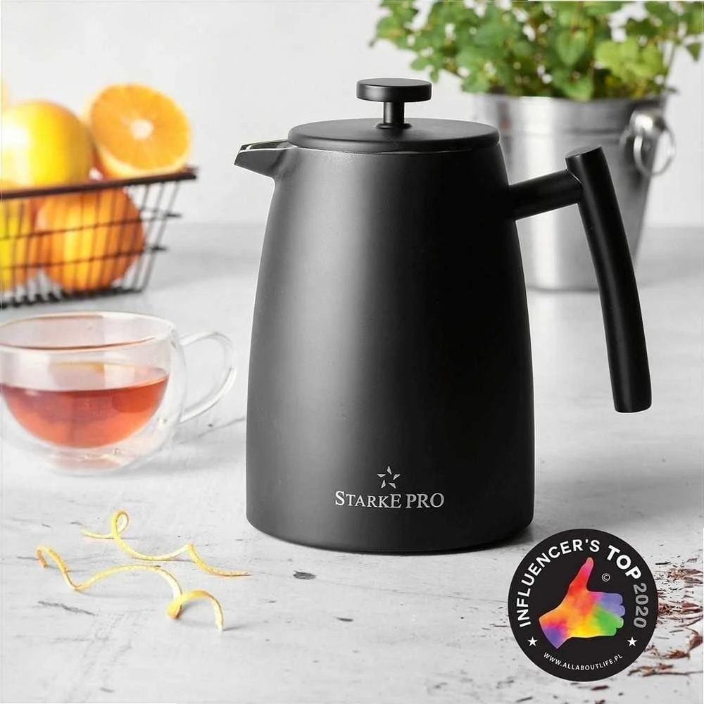 Starke Pro French press kavinukas, 1 litras nerūdijantis plienas, dvigubos sienelės, juodas matinis, 1L prancūziškas kavinukas, plieno kavos presas, arbatinukas su filtru