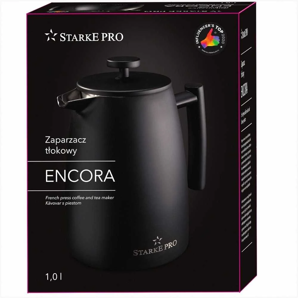 Starke Pro French press kavinukas, 1 litras nerūdijantis plienas, dvigubos sienelės, juodas matinis, 1L prancūziškas kavinukas, plieno kavos presas, arbatinukas su filtru