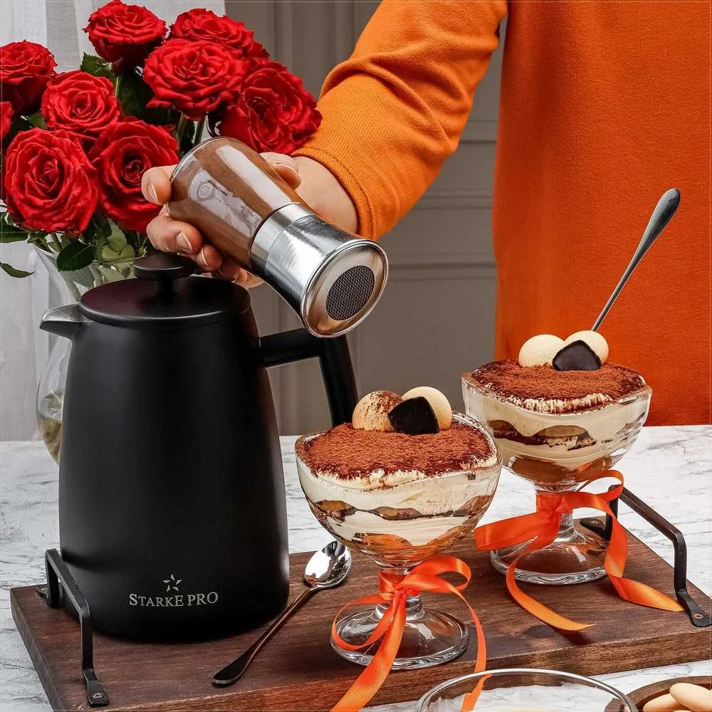 Starke Pro French press kavinukas, 1 litras nerūdijantis plienas, dvigubos sienelės, juodas matinis, 1L prancūziškas kavinukas, plieno kavos presas, arbatinukas su filtru