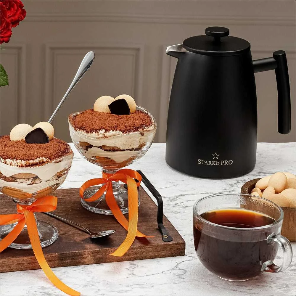 Starke Pro French press kavinukas, 1 litras nerūdijantis plienas, dvigubos sienelės, juodas matinis, 1L prancūziškas kavinukas, plieno kavos presas, arbatinukas su filtru