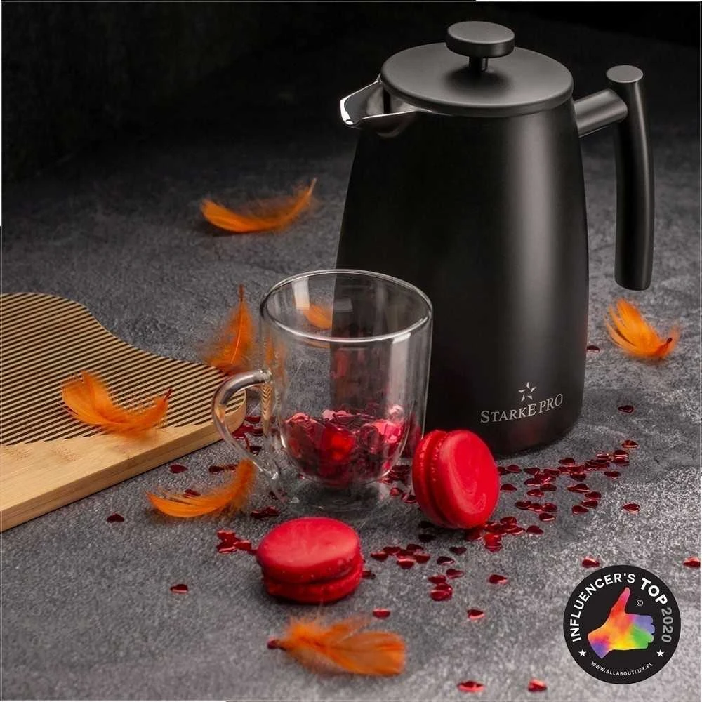 Starke Pro French press kavinukas, 1 litras nerūdijantis plienas, dvigubos sienelės, juodas matinis, 1L prancūziškas kavinukas, plieno kavos presas, arbatinukas su filtru