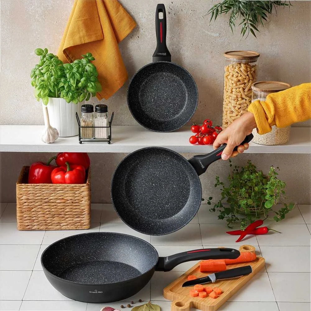 Starke Pro Granitinės nepridegančios keptuvės, rinkinys 20 cm 24 cm 28 cm, tinka indukcijai, minkštos rankenos, granitinių keptuvių rinkinys, nepridegančių keptuvių komplektas, virtuvės indų rinkinys