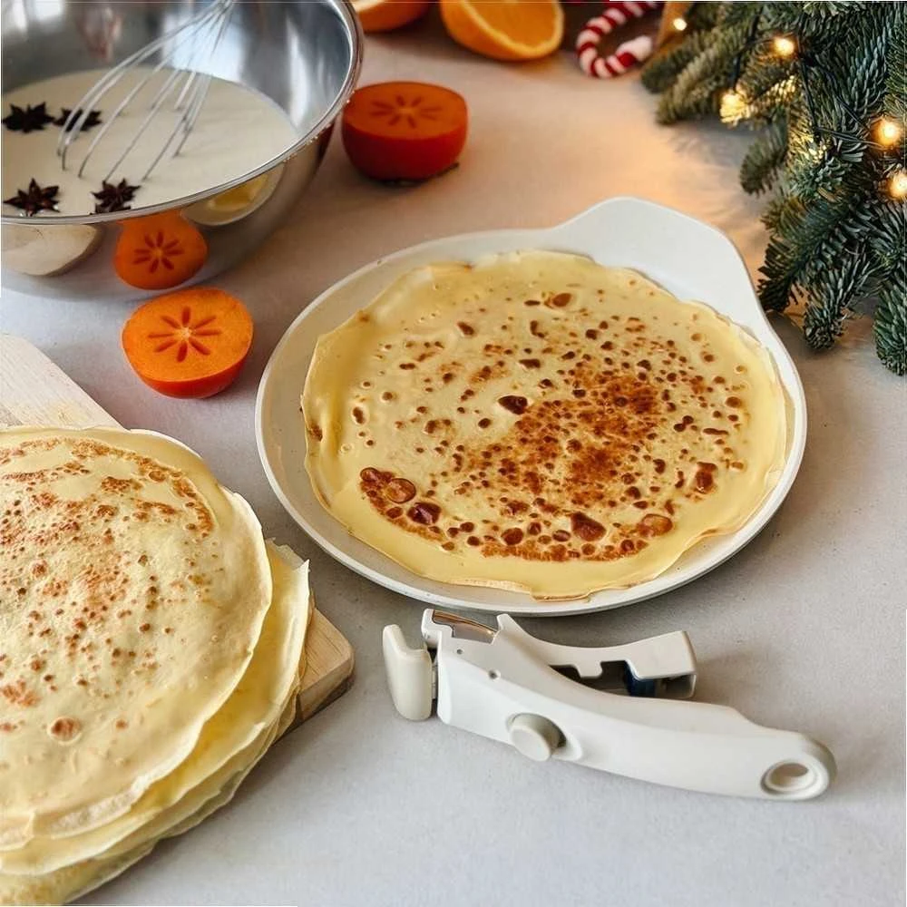 Starke Pro Indukcinė blynų keptuvė 26 cm su nuimama soft-touch rankena, kreminės spalvos neprisvylanti keptuvė lietiniams, keptuvė nuimama rankena, 26 cm neprisvylanti blynų keptuvė, virtuvės indai blynams