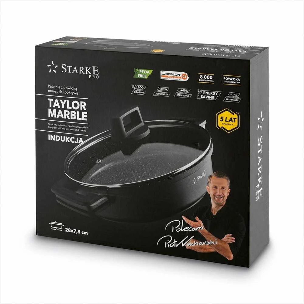 Gili keptuvė Starke Pro Taylor Marble su stikliniu dangčiu - 4l talpa, ⌀28 cm, trisluoksnė neprideganti danga