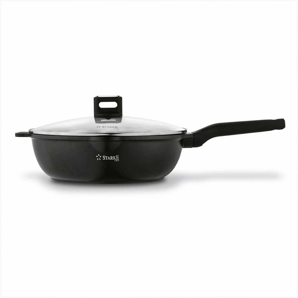 Starke Pro Indukcinė wok keptuvė su dangčiu 30 cm, neprisvylanti aliuminio keptuvė, 30 cm wok keptuvė indukcijai, gili keptuvė su stikliniu dangčiu