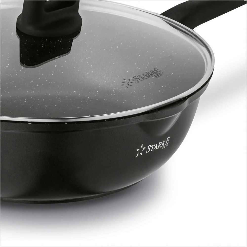Starke Pro Indukcinė wok keptuvė su dangčiu 30 cm, neprisvylanti aliuminio keptuvė, 30 cm wok keptuvė indukcijai, gili keptuvė su stikliniu dangčiu