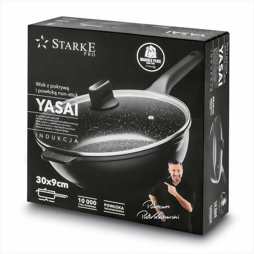Starke Pro Indukcinė wok keptuvė su dangčiu 30 cm, neprisvylanti aliuminio keptuvė, 30 cm wok keptuvė indukcijai, gili keptuvė su stikliniu dangčiu