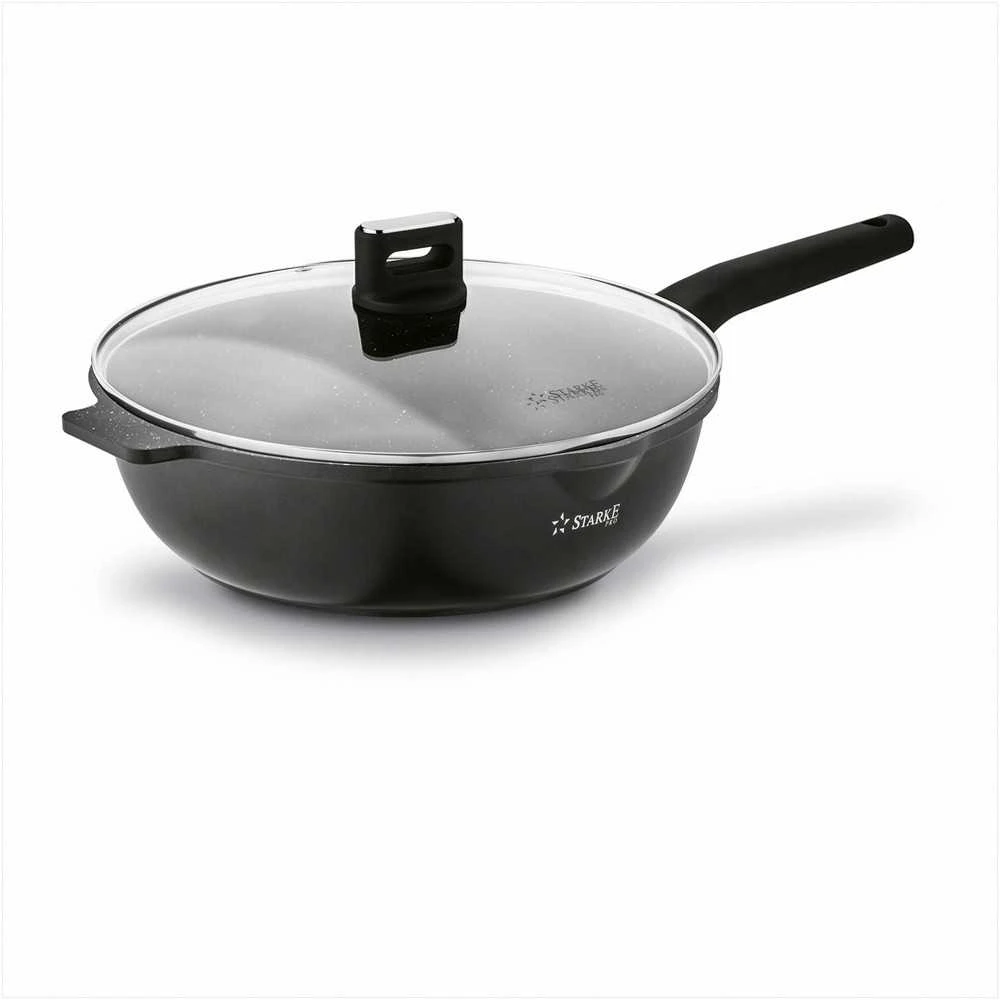 Starke Pro Indukcinė wok keptuvė su dangčiu 30 cm, neprisvylanti aliuminio keptuvė, 30 cm wok keptuvė indukcijai, gili keptuvė su stikliniu dangčiu