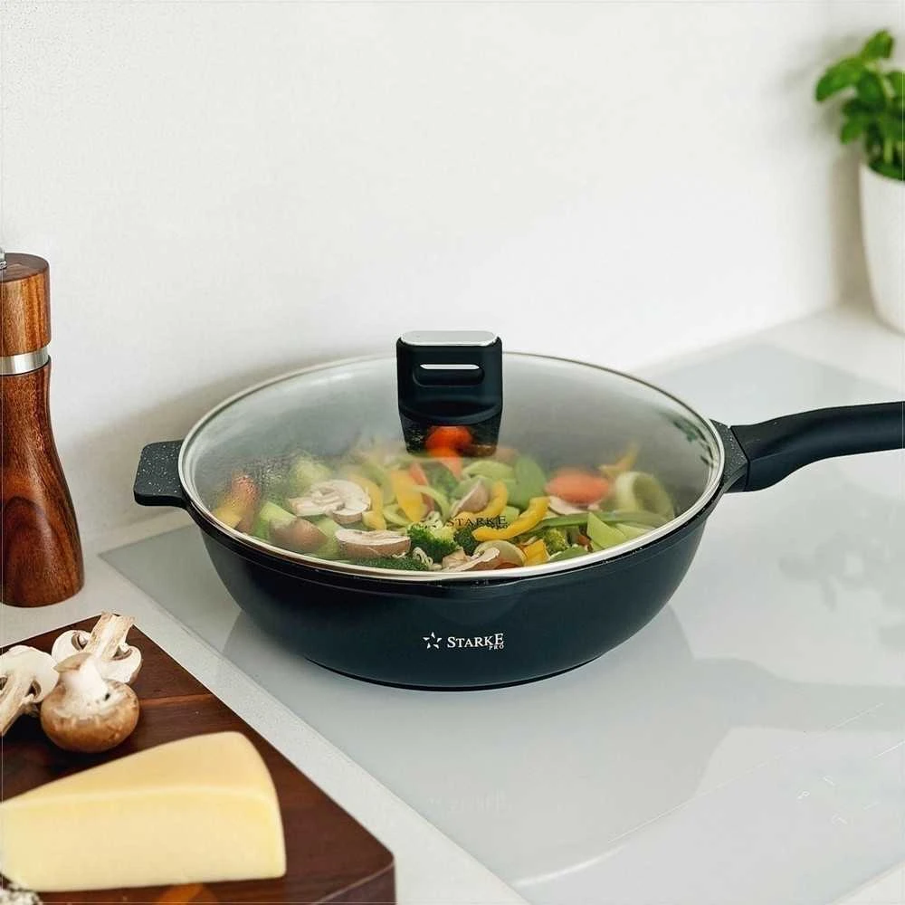Starke Pro Indukcinė wok keptuvė su dangčiu 30 cm, neprisvylanti aliuminio keptuvė, 30 cm wok keptuvė indukcijai, gili keptuvė su stikliniu dangčiu