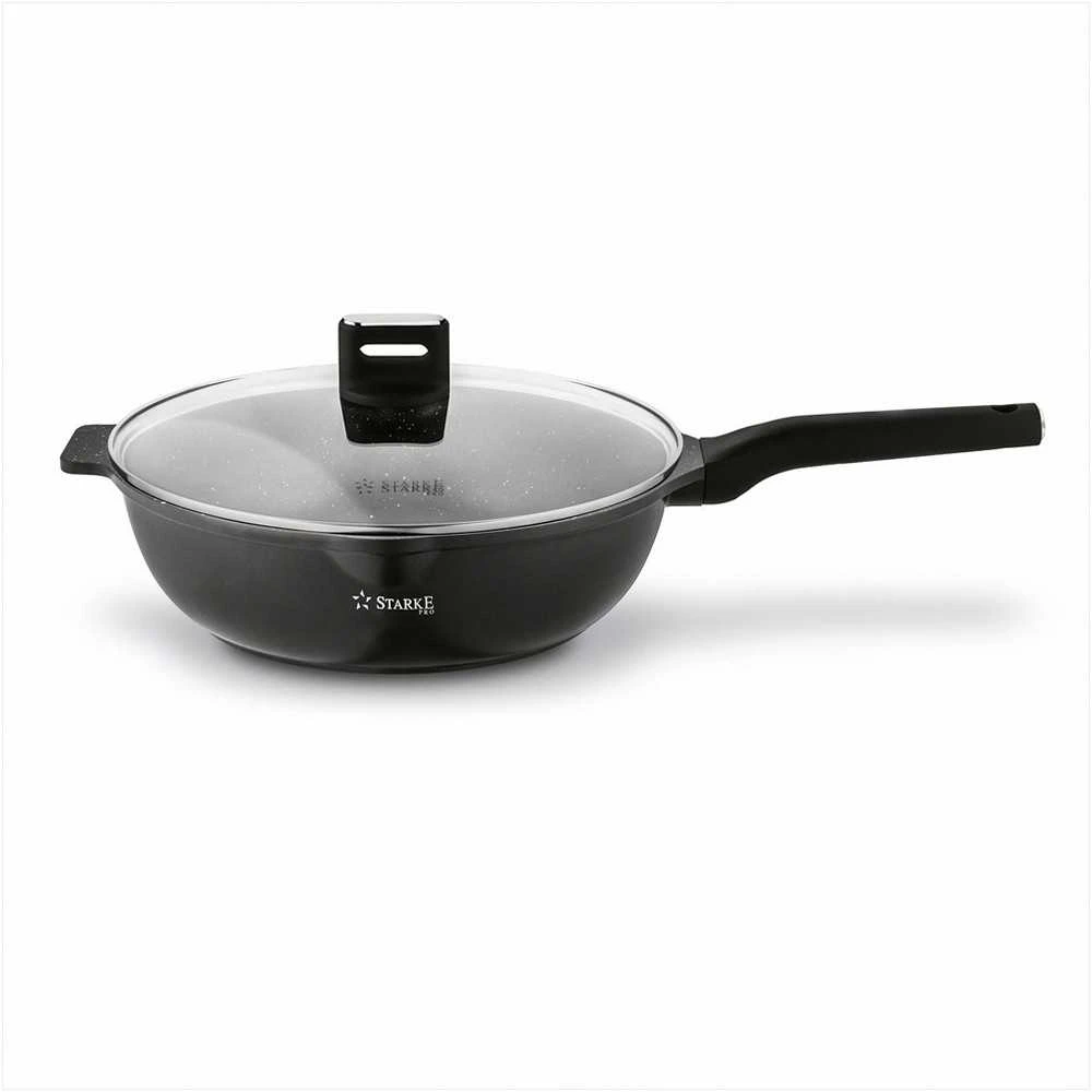 Starke Pro Indukcinė wok keptuvė su dangčiu 30 cm, neprisvylanti aliuminio keptuvė, 30 cm wok keptuvė indukcijai, gili keptuvė su stikliniu dangčiu