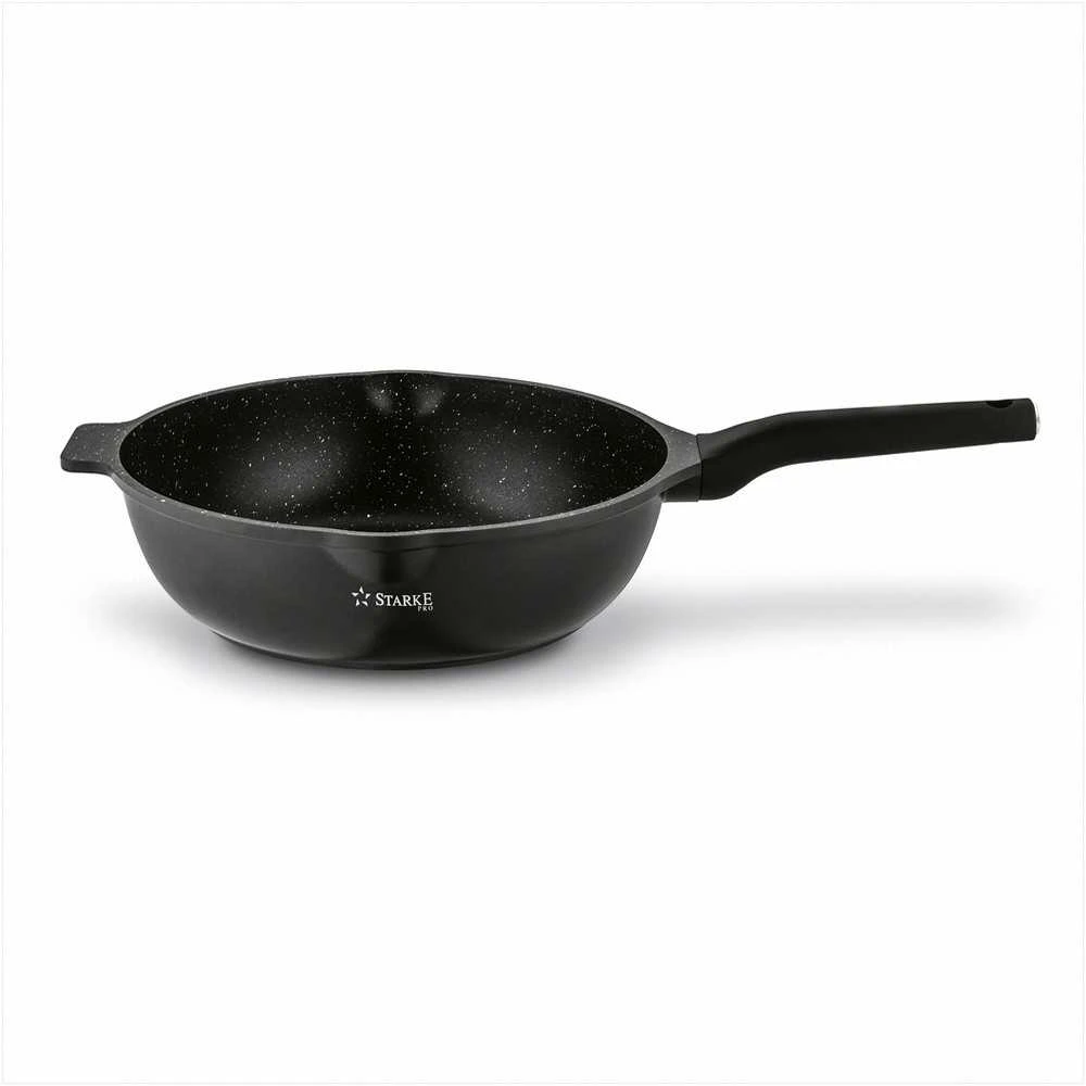 Starke Pro Indukcinė wok keptuvė su dangčiu 30 cm, neprisvylanti aliuminio keptuvė, 30 cm wok keptuvė indukcijai, gili keptuvė su stikliniu dangčiu