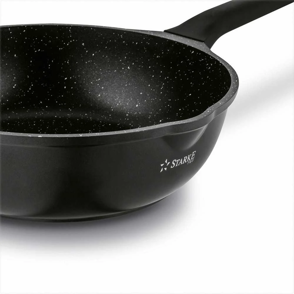 Starke Pro Indukcinė wok keptuvė su dangčiu 30 cm, neprisvylanti aliuminio keptuvė, 30 cm wok keptuvė indukcijai, gili keptuvė su stikliniu dangčiu