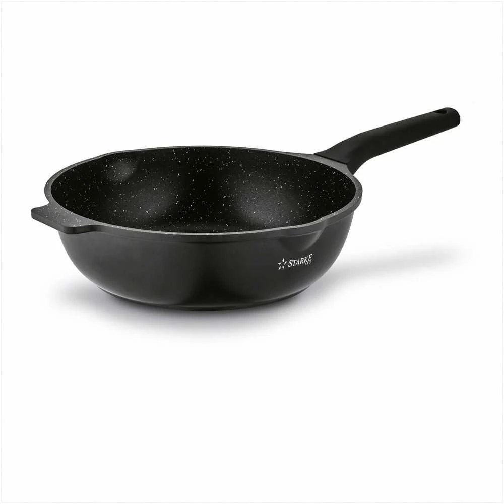 Starke Pro Indukcinė wok keptuvė su dangčiu 30 cm, neprisvylanti aliuminio keptuvė, 30 cm wok keptuvė indukcijai, gili keptuvė su stikliniu dangčiu