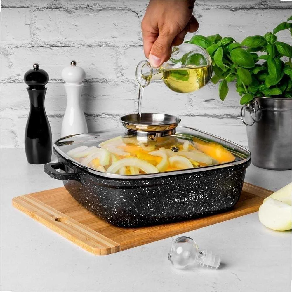 Starke Pro Kvadratinis neprisvylantis puodas indukcijai, universalus gaminimas, su stikliniu dangčiu ir aromatizatoriumi, kvadratinis indukcinis indas, neprisvylantis kvadratinis puodas, marmurinis troškintuvas