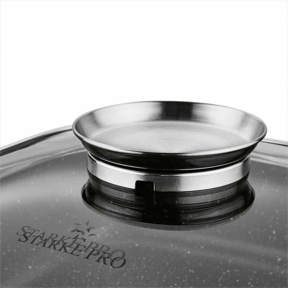 Starke Pro Kvadratinis neprisvylantis puodas indukcijai, universalus gaminimas, su stikliniu dangčiu ir aromatizatoriumi, kvadratinis indukcinis indas, neprisvylantis kvadratinis puodas, marmurinis troškintuvas