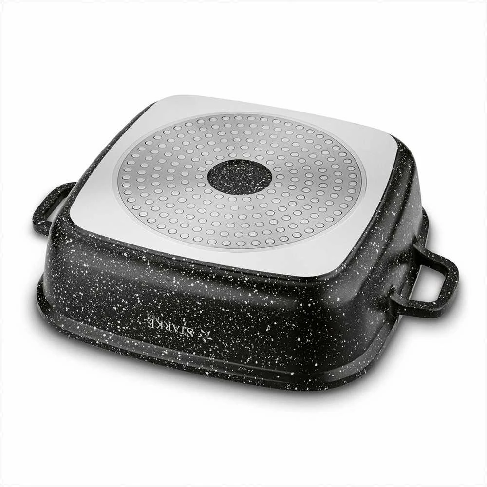 Starke Pro Kvadratinis neprisvylantis puodas indukcijai, universalus gaminimas, su stikliniu dangčiu ir aromatizatoriumi, kvadratinis indukcinis indas, neprisvylantis kvadratinis puodas, marmurinis troškintuvas