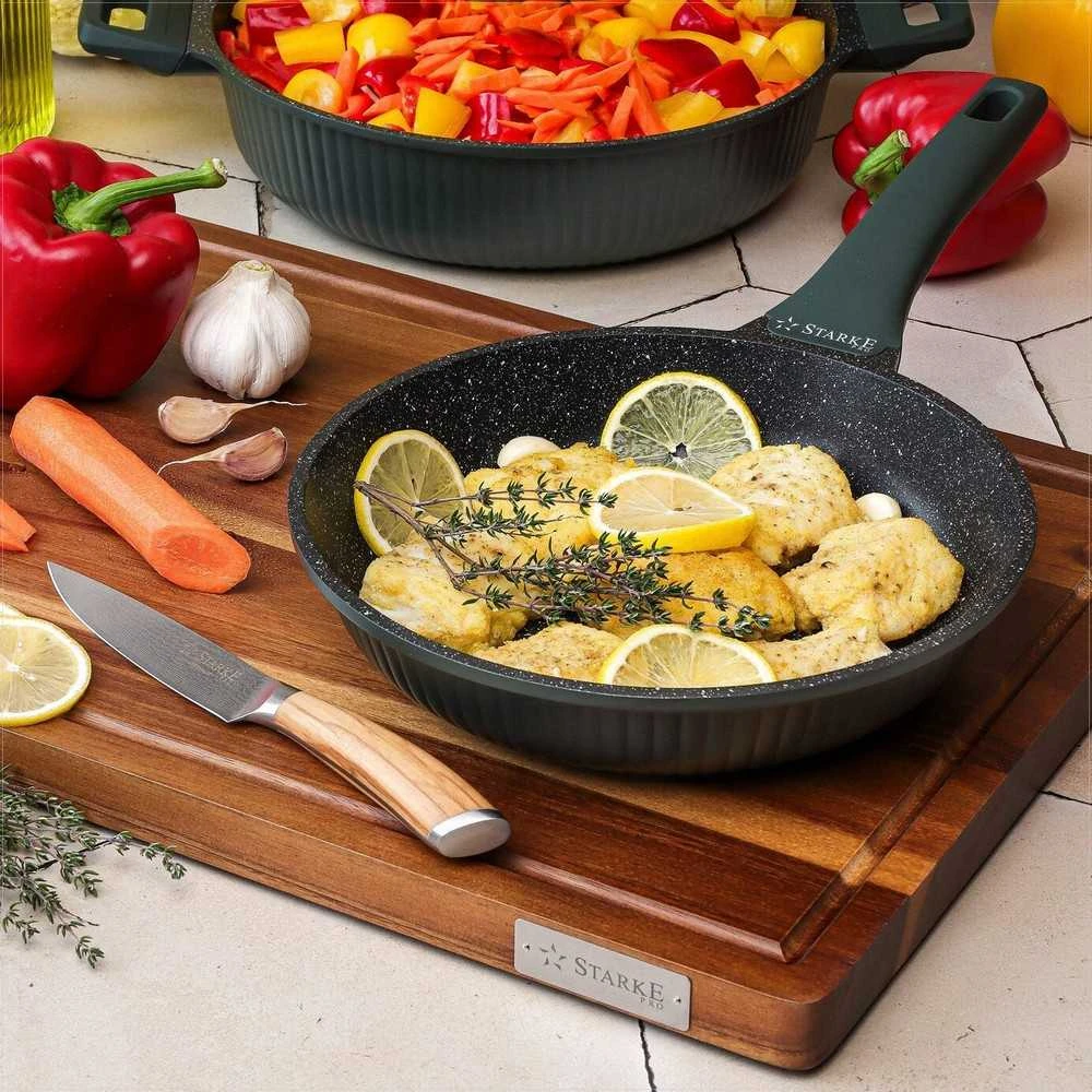 Starke Pro Marmurinių neprisvylančių keptuvių rinkinys 20 cm 24 cm 28 cm, lietas aliuminis, minkštos rankenos, tinka indukcijai, 3 dalių komplektas