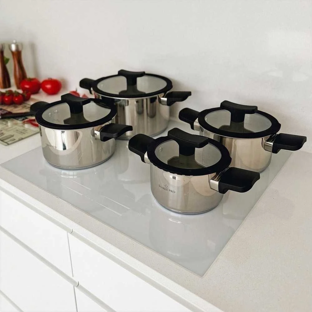 Starke Pro Nerūdijančio plieno puodų rinkinys su dangčiais indukcinėms kaitlentėms, 8 dalių įvairių dydžių indų rinkinys, virtuvės puodų komplektas, indaplovėje plaunami puodai