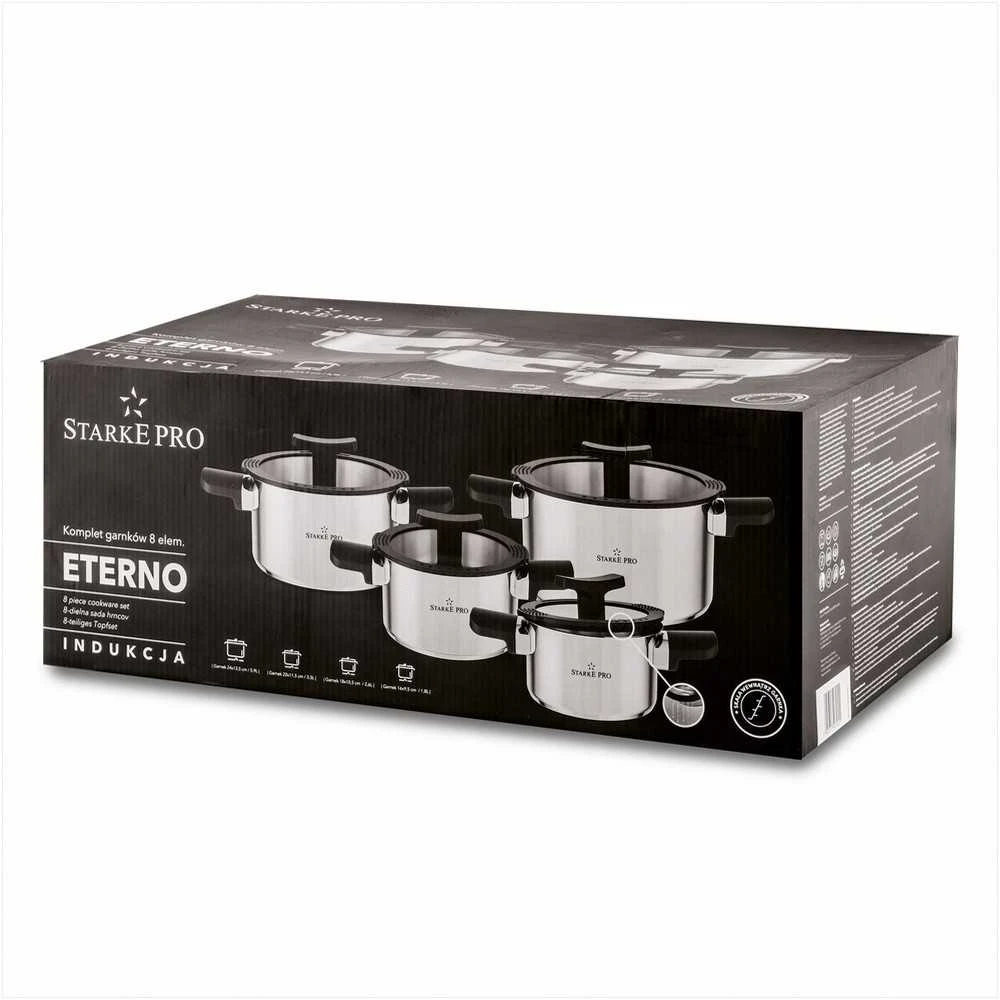 Starke Pro Nerūdijančio plieno puodų rinkinys su dangčiais indukcinėms kaitlentėms, 8 dalių įvairių dydžių indų rinkinys, virtuvės puodų komplektas, indaplovėje plaunami puodai