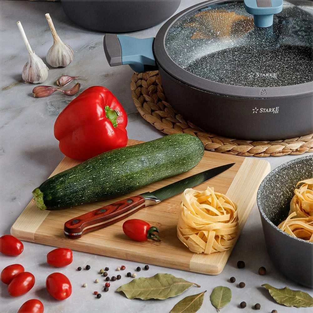 Starke Pro Virtuvinių peilių rinkinys su kaučiukmedžio bloku, šeši nerūdijančio plieno peiliai, saugus laikymas vaikams, šefo peilis ir dantyta geležtė, virtuvės peilių rinkinys su stovu, plieniniai virtuviniai įrankiai