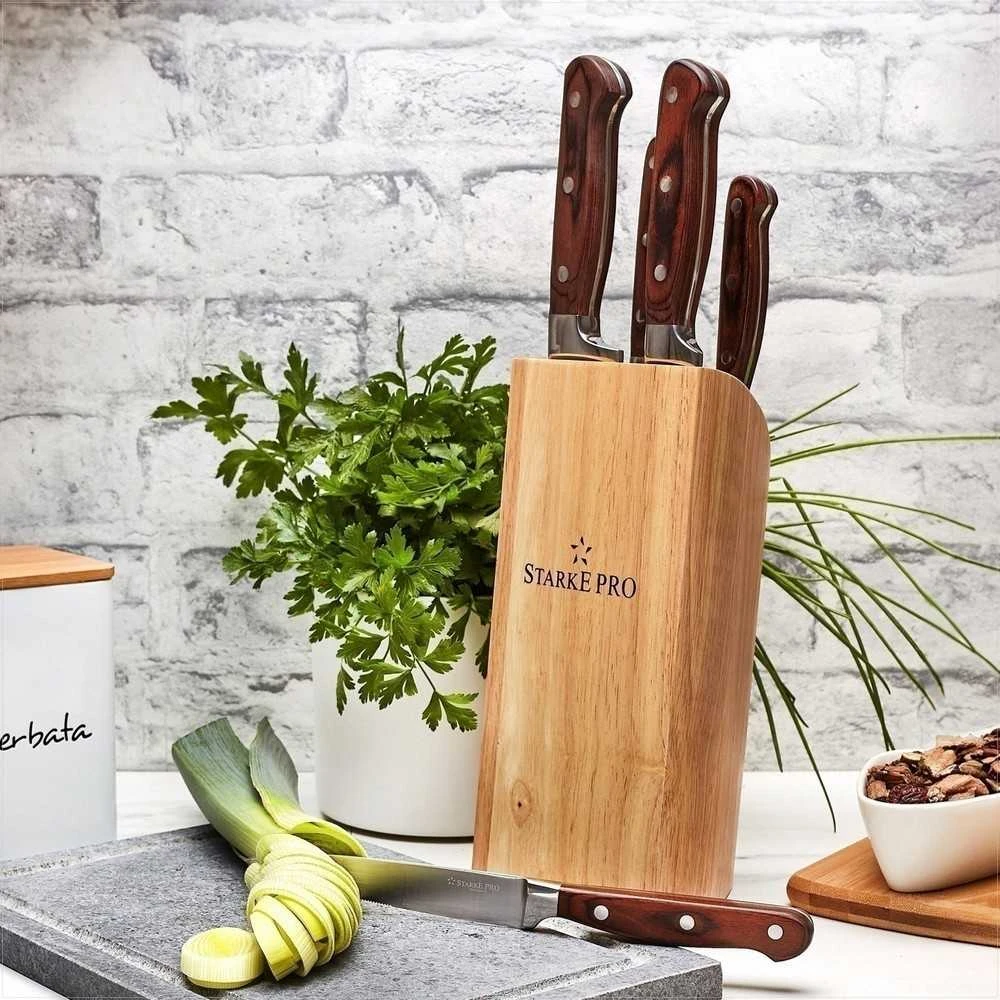 Starke Pro Virtuvinių peilių rinkinys su kaučiukmedžio bloku, šeši nerūdijančio plieno peiliai, saugus laikymas vaikams, šefo peilis ir dantyta geležtė, virtuvės peilių rinkinys su stovu, plieniniai virtuviniai įrankiai