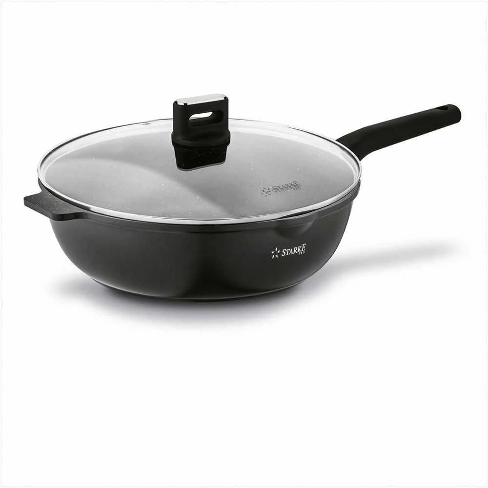 Starke Pro Wok keptuvė indukcinei viryklei, neprisvylanti 32 cm, stiklinis dangtis su anga, universali keptuvė troškinimui, šeimyninė wok keptuvė
