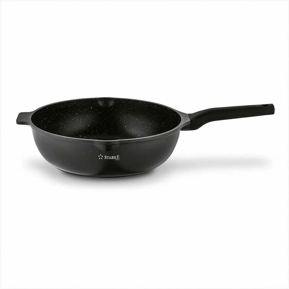 Starke Pro Wok keptuvė indukcinei viryklei, neprisvylanti 32 cm, stiklinis dangtis su anga, universali keptuvė troškinimui, šeimyninė wok keptuvė