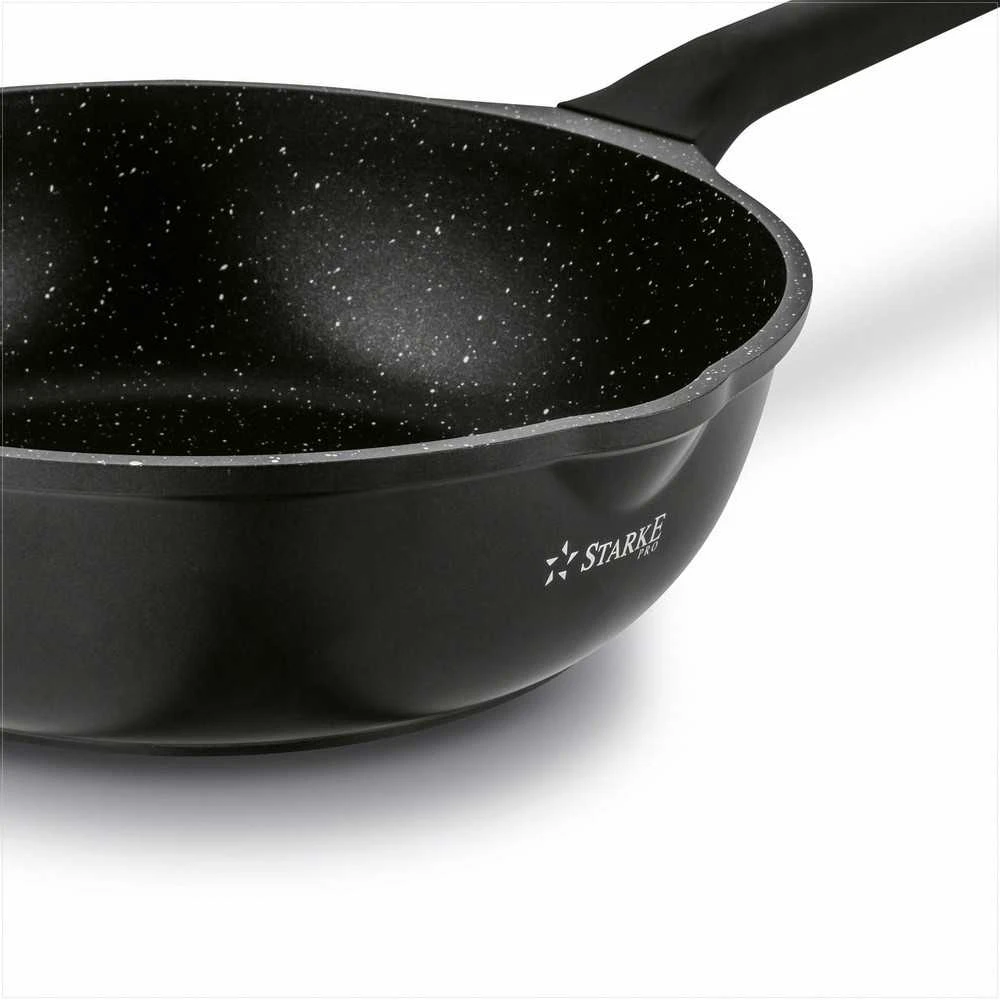Starke Pro Wok keptuvė indukcinei viryklei, neprisvylanti 32 cm, stiklinis dangtis su anga, universali keptuvė troškinimui, šeimyninė wok keptuvė