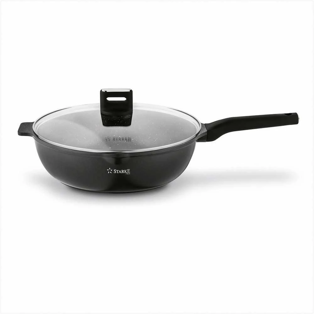Starke Pro Wok keptuvė indukcinei viryklei, neprisvylanti 32 cm, stiklinis dangtis su anga, universali keptuvė troškinimui, šeimyninė wok keptuvė