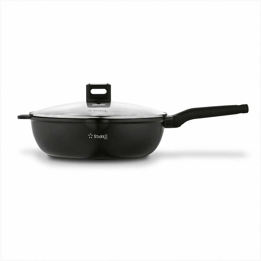 Starke Pro Wok keptuvė indukcinei viryklei, neprisvylanti 32 cm, stiklinis dangtis su anga, universali keptuvė troškinimui, šeimyninė wok keptuvė