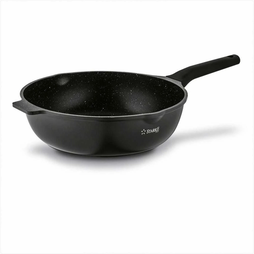 Starke Pro Wok keptuvė indukcinei viryklei, neprisvylanti 32 cm, stiklinis dangtis su anga, universali keptuvė troškinimui, šeimyninė wok keptuvė