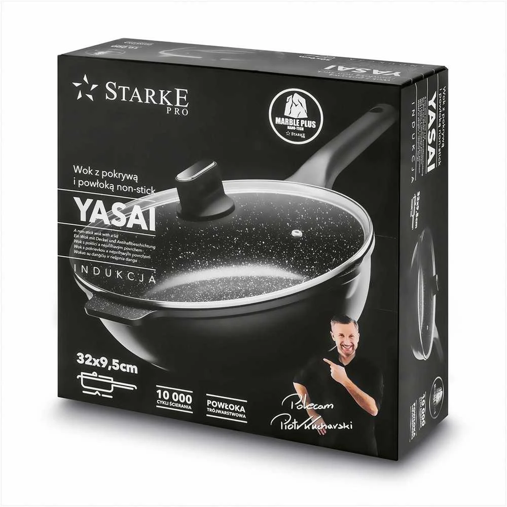 Starke Pro Wok keptuvė indukcinei viryklei, neprisvylanti 32 cm, stiklinis dangtis su anga, universali keptuvė troškinimui, šeimyninė wok keptuvė
