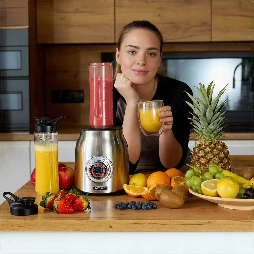 Stiklinis trintuvas 4 in 1, 2.4 litrų talpos kokteiliams ir malimui, nerūdijančio plieno korpusas, titano ašmenys, kelioniniai puodeliai, virtuvinis blenderis su smulkintuvu, maisto smulkintuvas