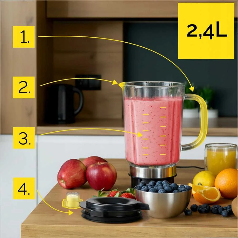 Stiklinis trintuvas 4 in 1, 2.4 litrų talpos kokteiliams ir malimui, nerūdijančio plieno korpusas, titano ašmenys, kelioniniai puodeliai, virtuvinis blenderis su smulkintuvu, maisto smulkintuvas