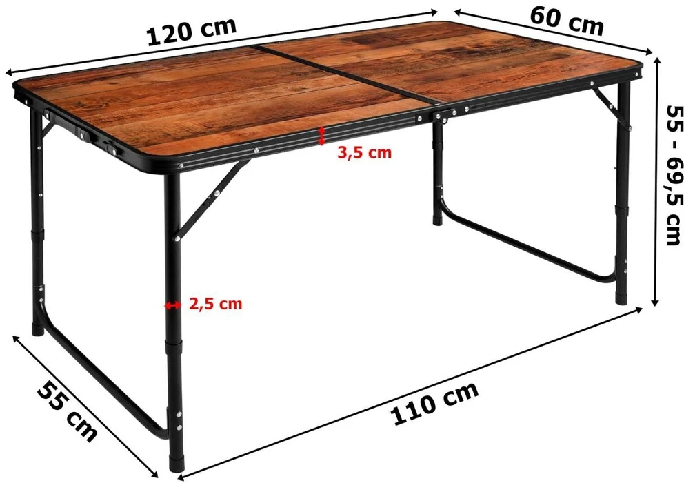 Stovyklavimo stalas TRIP 120x60 cm, reguliuojamas aukštis, sulankstomas pikniko, iškylų stalas, nešiojamas