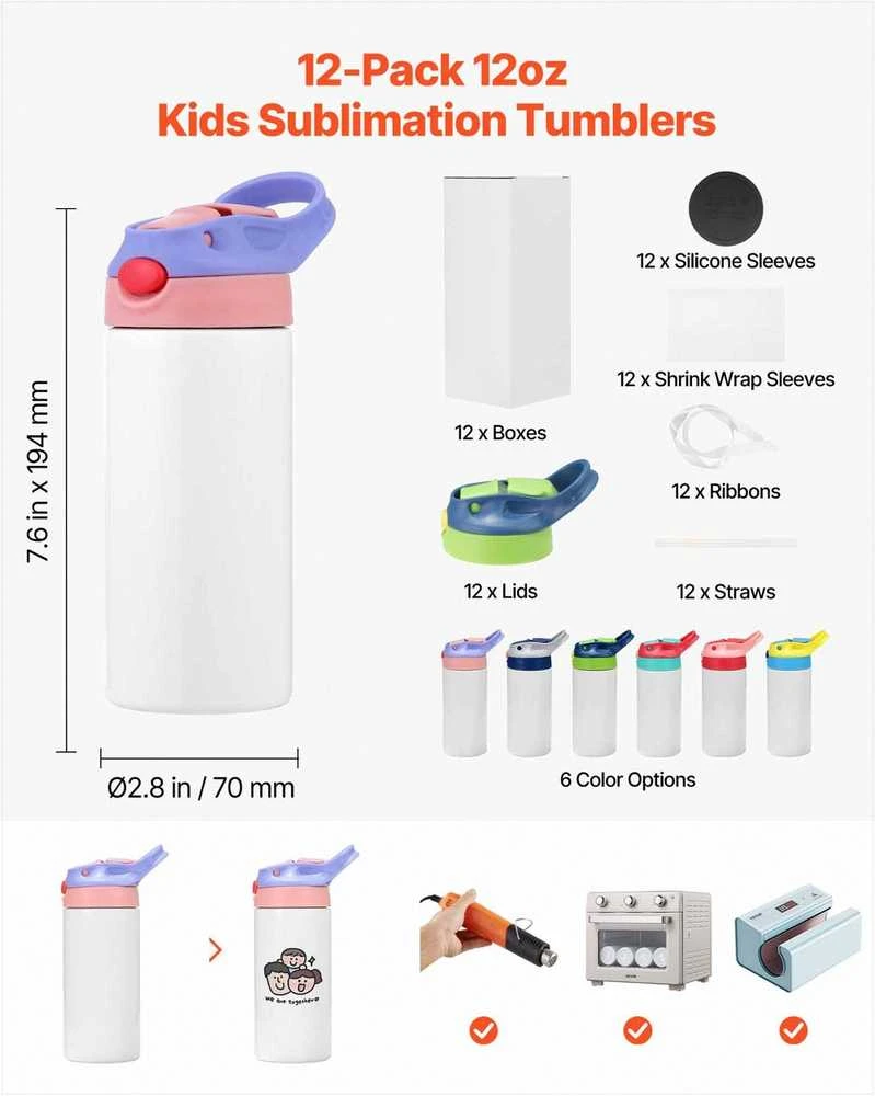 Sublimacinis puodelis 355 ml vaikiška gertuvė, dvigubų sienelių izoliuotas nerūdijantysis plienas, „pasidaryk pats“ personalizavimo rinkinys, 12 dalių vaikams pritaikytų puodelių komplektas