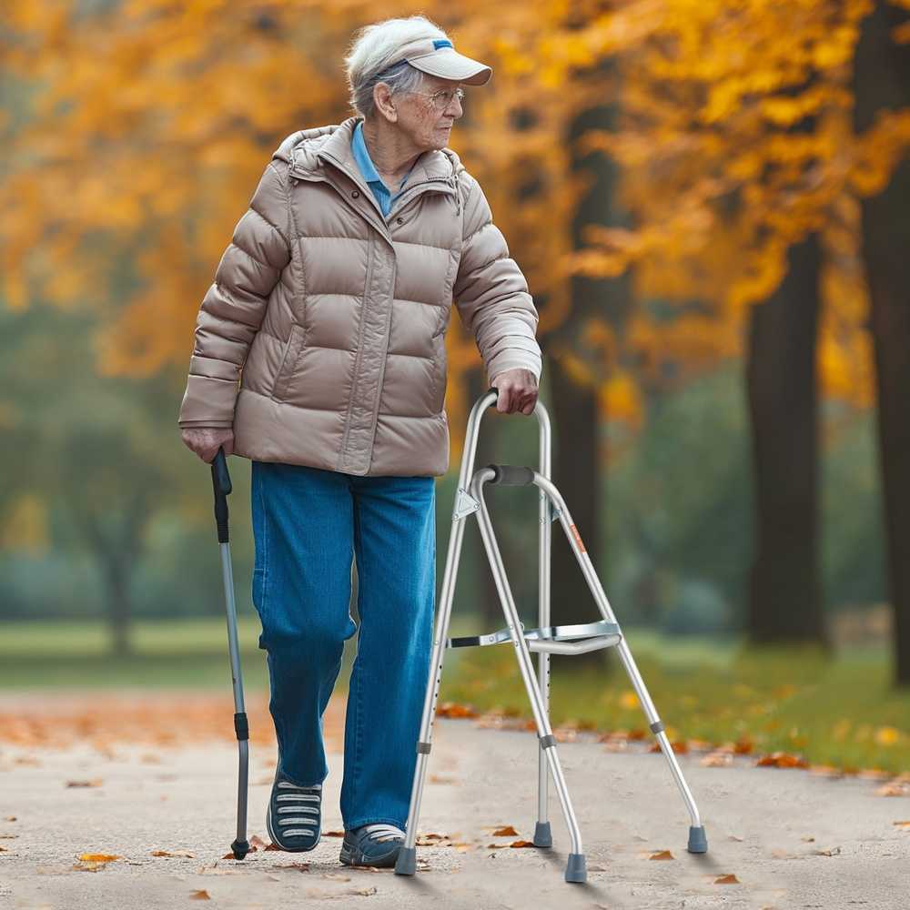 Sulankstoma pusiau vaikštynė senjorams, reguliuojamo aukščio mobilumo priemonė, lengva sulankstoma vaikštynė, vaikštynė su viena rankena