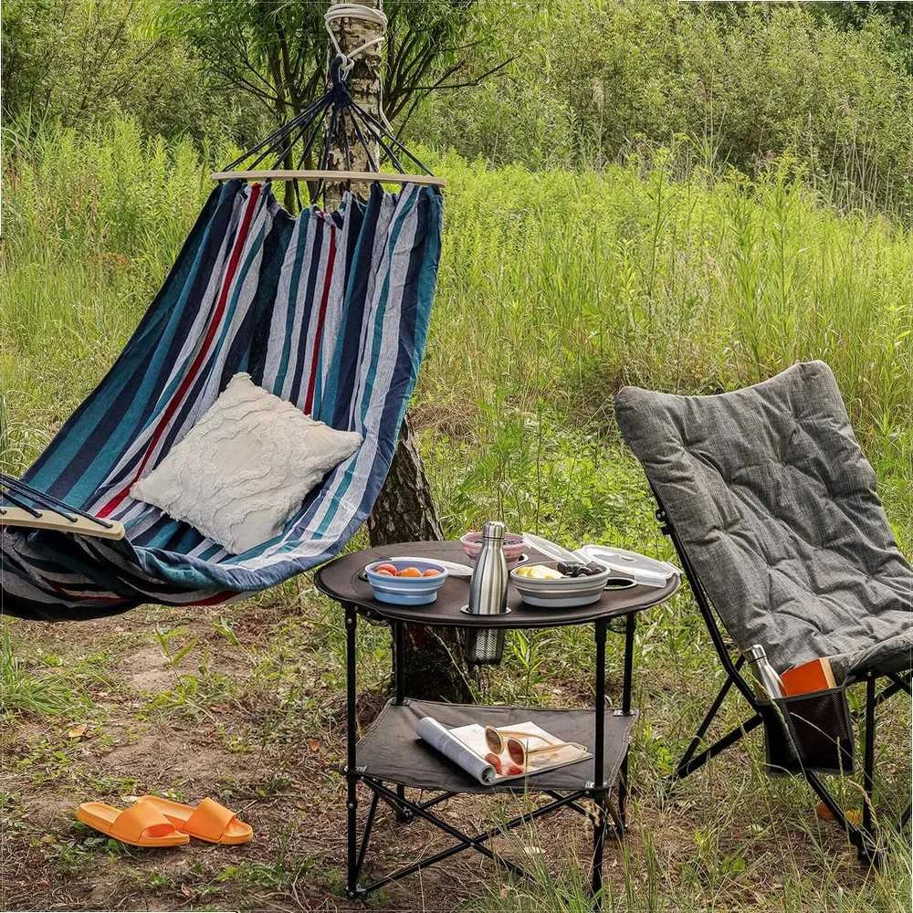 Sulankstomas kempingo stalas su krepšiu, 72 x 60 cm juodas, vandeniui atsparus plieno rėmas, nešiojamas lauko stalas, kelioninis sulankstomas staliukas, turistinis stalas su dėklu