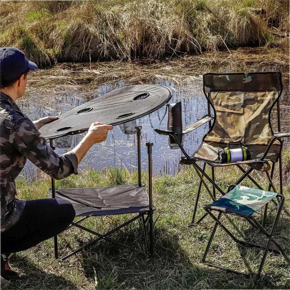 Sulankstomas kempingo stalas su krepšiu, 72 x 60 cm juodas, vandeniui atsparus plieno rėmas, nešiojamas lauko stalas, kelioninis sulankstomas staliukas, turistinis stalas su dėklu