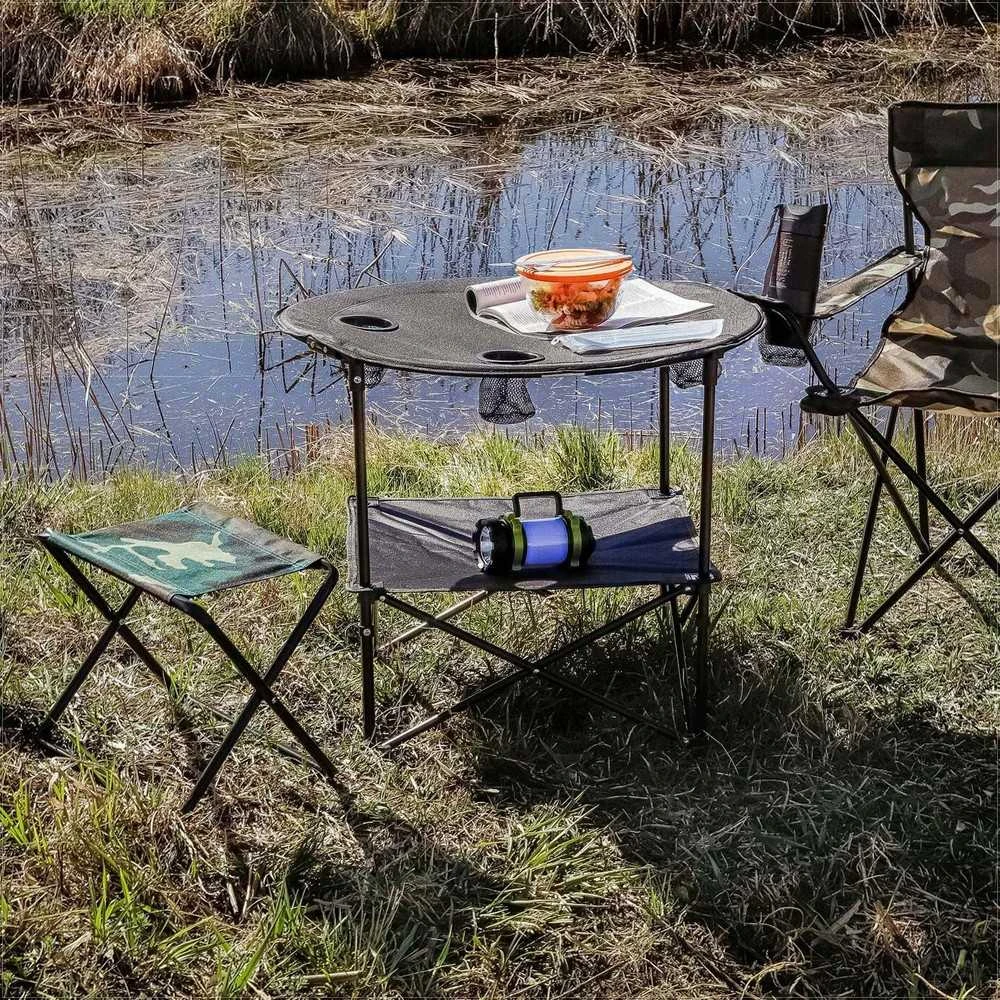 Sulankstomas kempingo stalas su krepšiu, 72 x 60 cm juodas, vandeniui atsparus plieno rėmas, nešiojamas lauko stalas, kelioninis sulankstomas staliukas, turistinis stalas su dėklu