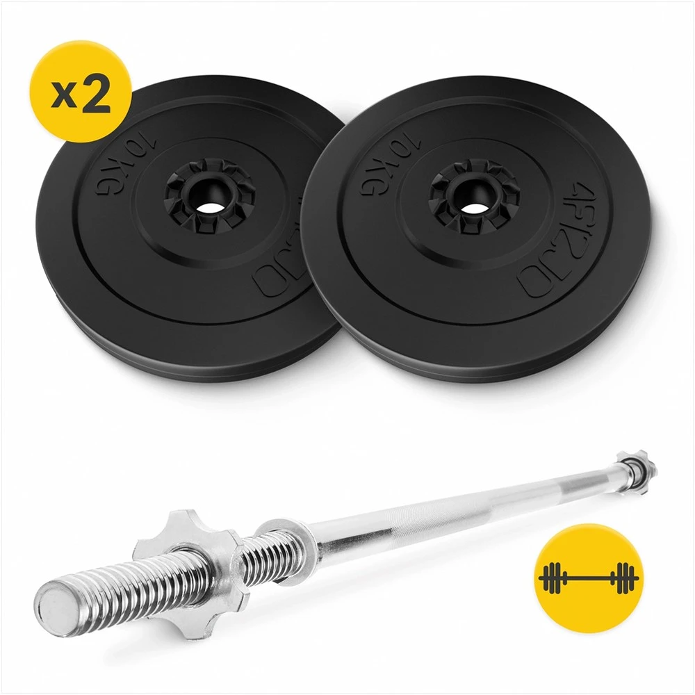 Sunkiosios atletikos rinkinys, bituminis 20 kg, su tiesia štanga 120 cm, skirtas namų sporto salei