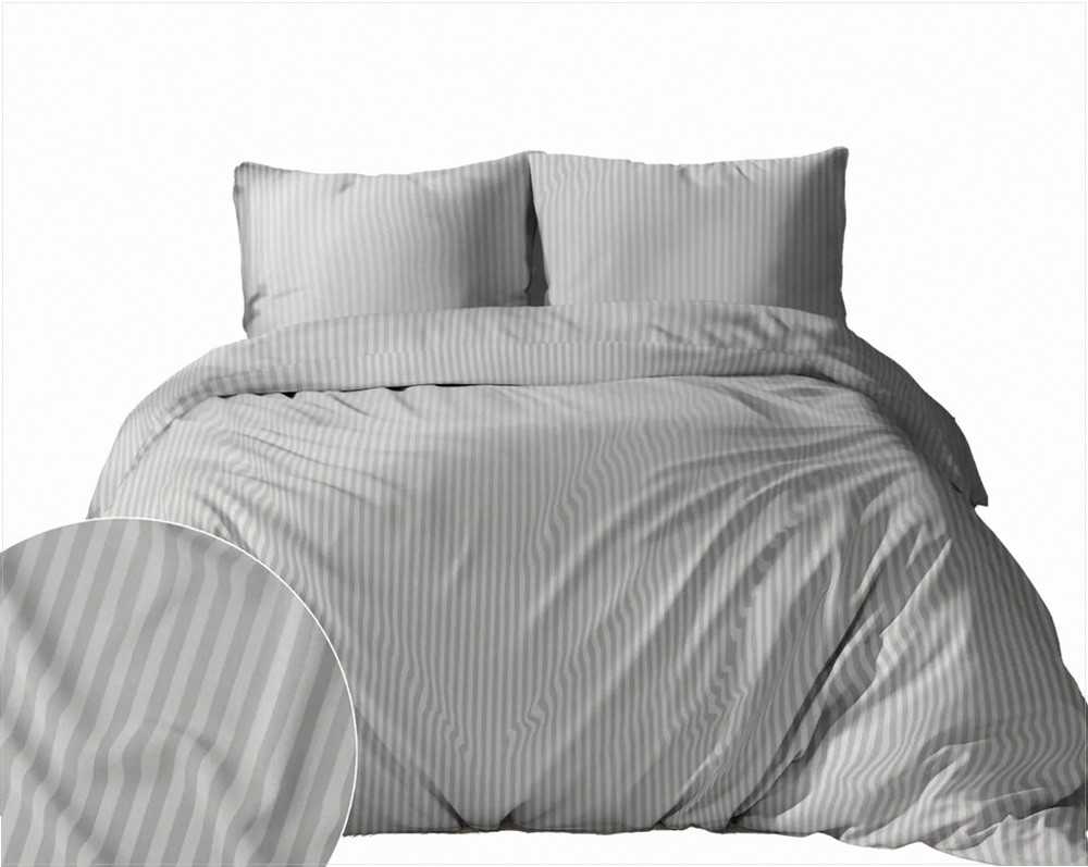 Detexpol Šviesiai pilkas damasto patalynės komplektas 220x200 cm, 1 cm juostelės, 100% medvilnė, 3 dalys, paslėptas užtrauktukas, prabangi miegamojo tekstilė